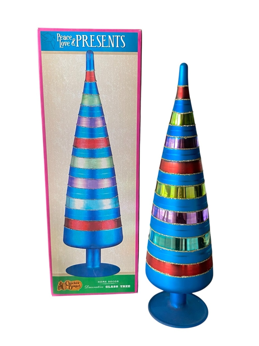 Cracker Barrel Glass Christmas Tree Tabletop Decor 13” Glitter Blue Red Green